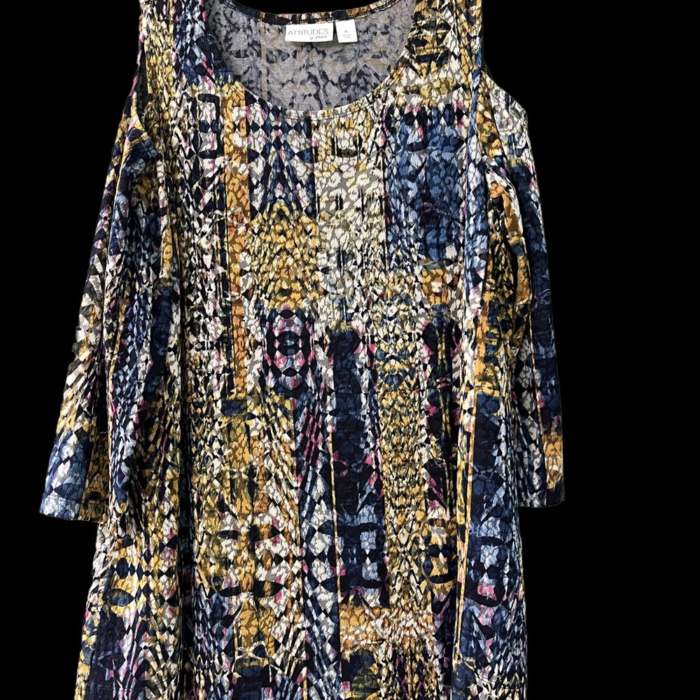 Attitudes By Renee Cold Shoulder Knit Top XL Blue Gold Black White